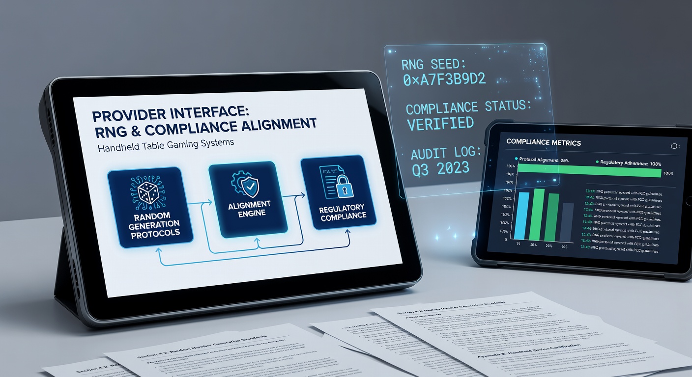 Technische Darstellung einer Provider-Schnittstelle die RNG-Protokolle mit Compliance-Modulen in mobilen Tischspielgeräten verbindet