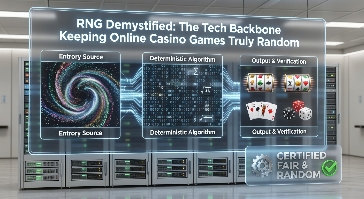 Detaillierte Illustration eines TRNG-Hardware-Moduls mit physikalischen Entropie-Quellen wie Quantenrauschen, integriert in ein Casino-Server-Setup
