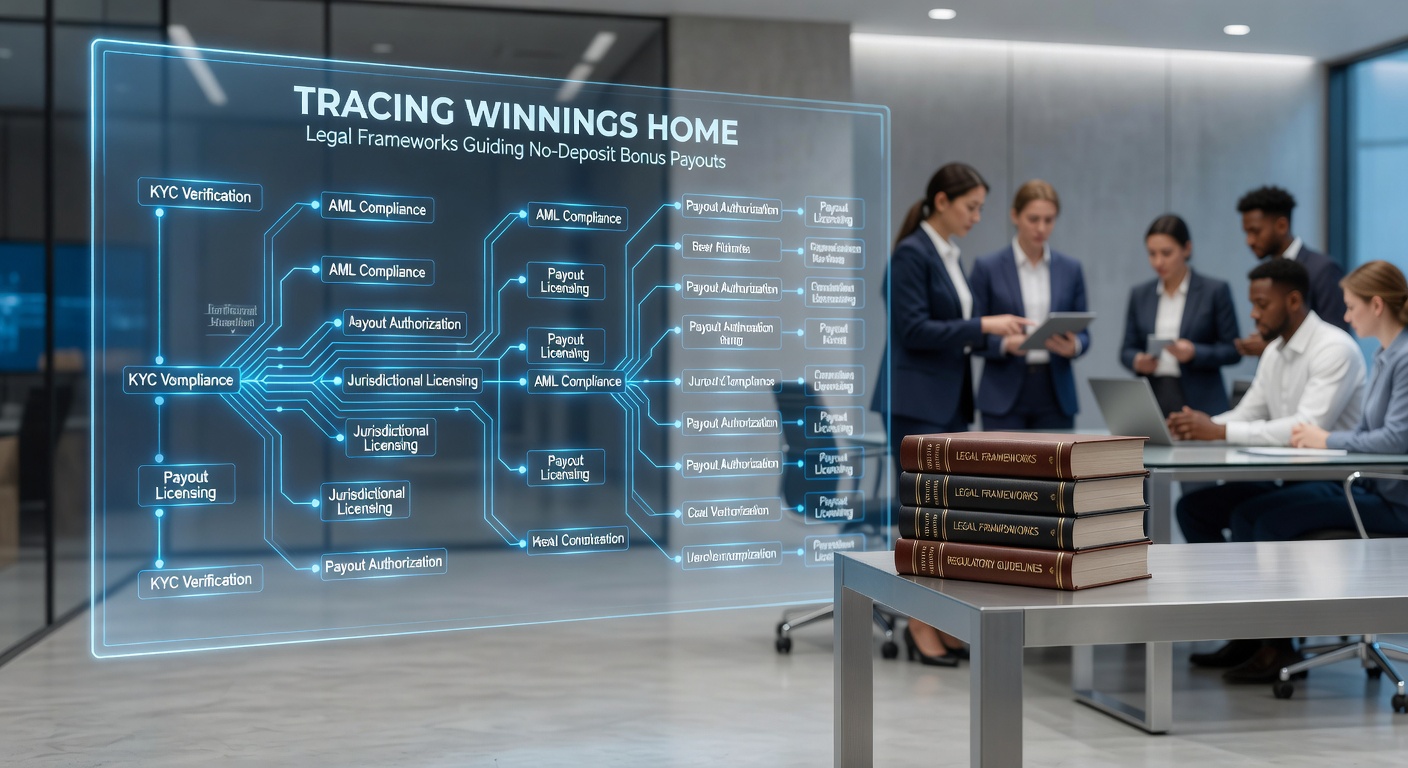 Visuelle Darstellung von rechtlichen Pfaden, die Gewinne aus No-Deposit-Boni zu Spielern führen, mit Symbolen für Regulierungen und Auszahlungen